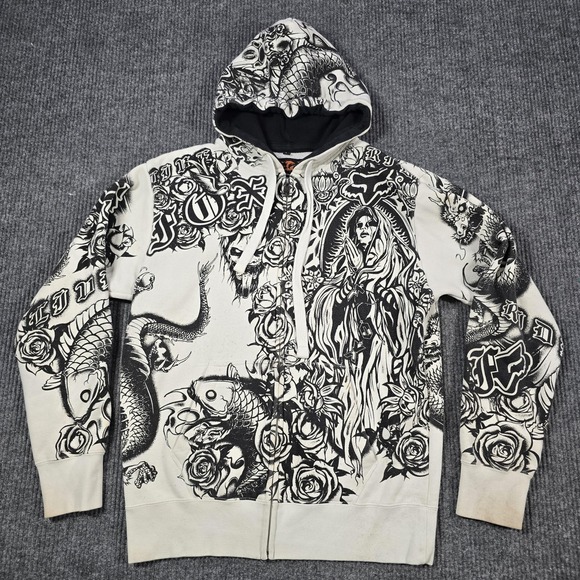 Fox Racing Hoodie Mens Large White Black Zip Up Dragon Rose AOP Latinese Y2K - Picture 1 of 16